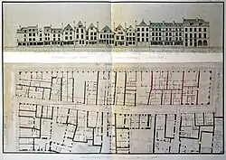 Le plan de l'élévation ouest de la rue du Tambour (soit les bâtiments compris entre la rue de Tambour et la rue Colbert) sur les dessins d'Eugène Leblan en 1881.