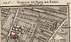 La rue Notre-Dame-de-Nazareth en 1758, avec le couvent des Pères Pénitents de Nazareth.