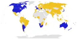 Planisphère représentant les pays qualifiés et ceux ayant aux qualifications de la Coupe du monde 2015