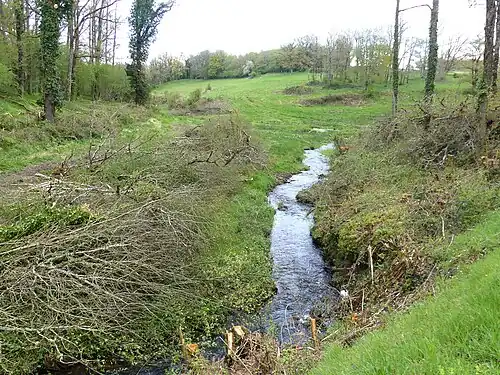 Le ruisseau de l'Étang de Clavérolles au pont de la RD 9, à Blaudeix.