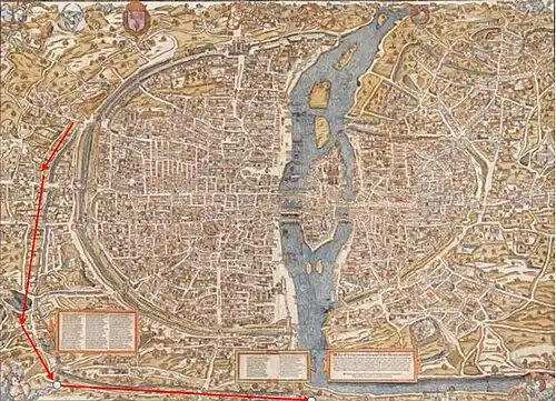 Le grand égout signalé par flèches rouges sur le plan de Truschet et Hoyau de 1550.