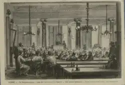 Gravure représentant une séance de la section genevoise de l’Association internationale des travailleurs à Genève entre 1869 et 1875.