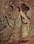 Trio de femmes en sari d'époque. Fresque de style Vijayanagara du XVIe&nbsp;siècle. Temple de Virabhadra, Lepakshi.