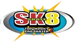 Logo de la version japonaise du jeu sur Game Boy Advance intitulée SK8: Tony Hawk's Pro Skater 2. La photo représente une forme ovale en fond, avec par-dessus une sorte d'étoile jaune à plusieurs branches ; au premier-plan, le titre du jeu est aussi grand que la planche. SK8 est écrit en très gros caractères ; par-dessus, on y lit la mention skate et en dessous, Tony Hawk's Pro Skater 2 sur deux lignes.