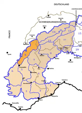 Carte de localisation des Préalpes de Savoie au sein des autres ensembles de massifs des Alpes occidentales.