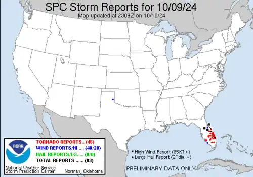 Carte des signalements de tornades (points rouges) en Floride avec Milton.