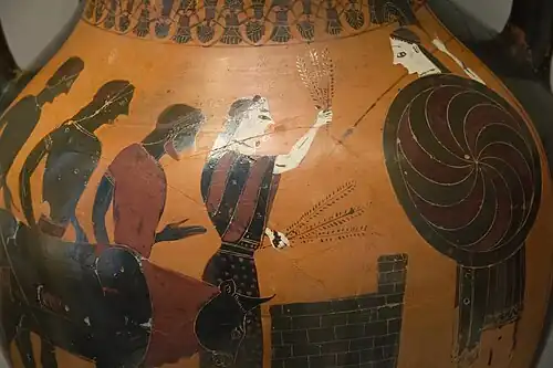 Scène de sacrifice à Athéna, détail d'une amphore à figures noires, v. 550-540 av. J.-C., Vulci. Antikensammlung Berlin.