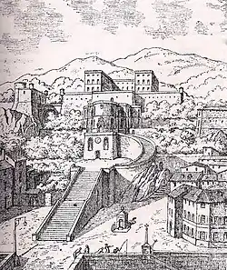 Gravure noire et blanche d'une construction sur plusieurs paliers.