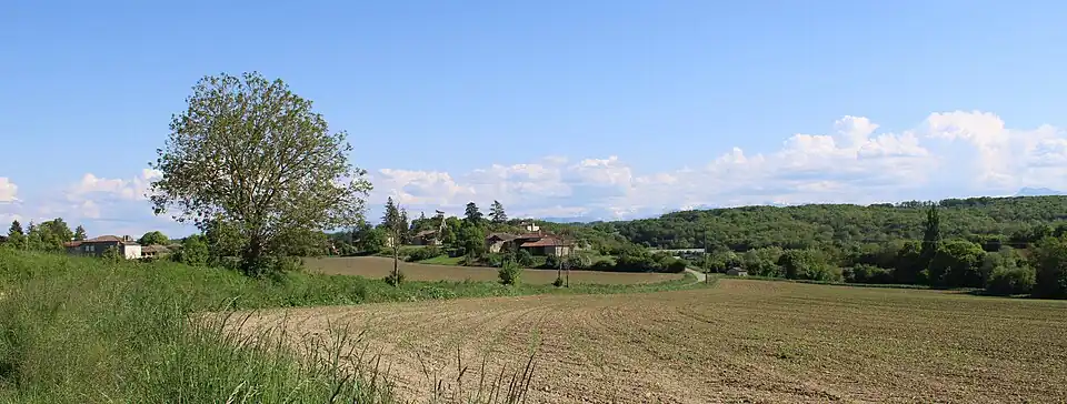 Panorama du village avec les Pyrénées en arrière plan.