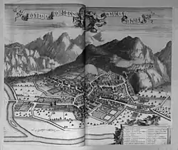 Gravure en noir et blanc de Saint-Jean de Maurienne en 1726
