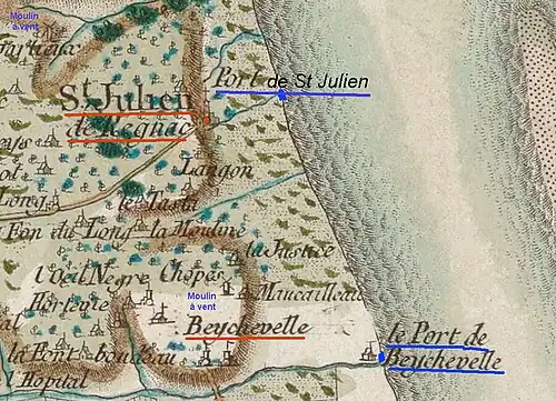 Le port de Saint-Julien et celui de Beychevelle figurent sur la carte de Cassini, vers 1750.