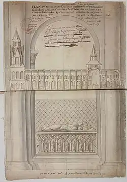 Dessin représentant une coupe longitudinale de l'abbatiale d'une grande église romane avec un grand massif occidental et un tombeau avec un gisant sur une dalle posée sur des arcatures abritant des pleurants