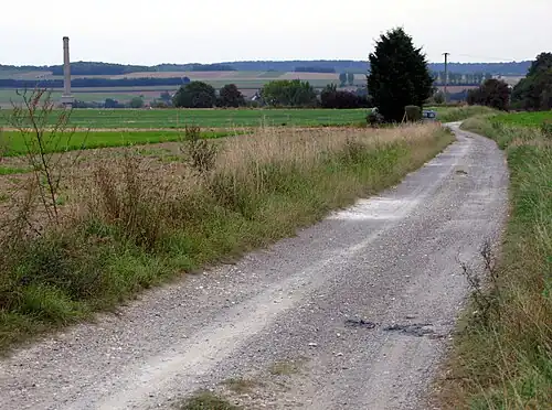Dernières centaines de mètres (en pente légère) de chemin caillouteux avant d’atteindre les premières maisons de Saint-Ouen.