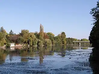 Chaussée des Tacreniers, vue amont. En arrière-plan, le pont de la D 2020 et du tramway.