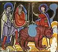 L’ours porte les bagages de saint Amand dans une miniature de la Vie de saint Amand, vers 1160.