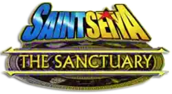 Logo anglais du jeu composé de lettres bleus et jaune formant « Saint Seiya » et en or au dessus d'un motif « The Sanctuary ».