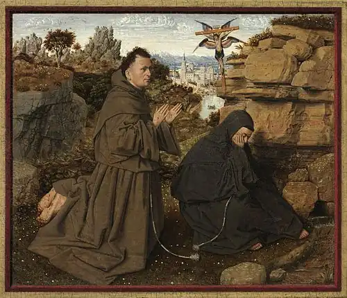 Saint François recevant les stigmates par Jan van Eyck. Frère Léon est assis à droite, la main sur son visage.