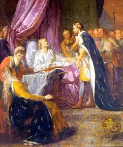 Tableau néoclassique représentant Louis IX alité, entouré de son fils, de son épouse et plusieurs assistants.