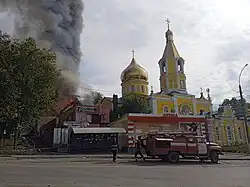 Eglise st-Nicolas classée touchée par un obus russe.
