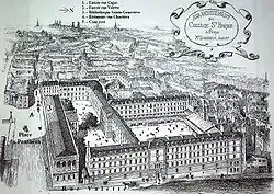 Vue du Collège Sainte-Barbe datée de 1891. Le pavillon d'entrée devenu en 1958 celui de la bibliothèque Cujas est nettement reconnaissable (numéro 1 sur le dessin).