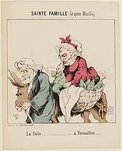 Caricature de trois hommes politiques sous les traits d'un homme, d'une femme et d'un enfant (Joseph, Marie et Jésus) prenant la fuite à dos d'âne.