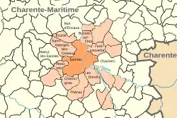 Carte représentant la commune de Saintes et ses communes limitrophes