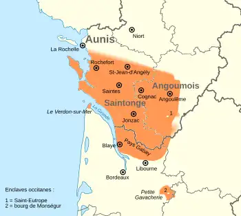 Carte représentant l'aire linguistique du Saintongeais dans les Charentes et le Nord-Gironde