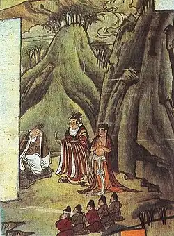 Le jeune Sakyamuni en train de se couper les cheveux. Tang. Peinture sur soie (détail).