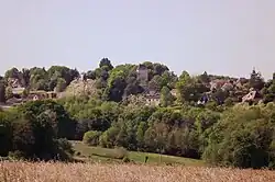 bourg de Sallespisse vu depuis le chemin de Castetbon, on voit des toits de maisons émerger au milieu des arbres ainsi qu'un clocher d'église et le toit d'une grande demeure