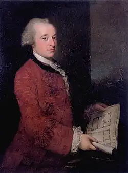 Portrait d'un homme d'âge mûr, de peau claire, en trois quarts, portant une veste rouge-brun ornée de dentelle. Il a des cheveux blonds poudrés et une expression neutre.
