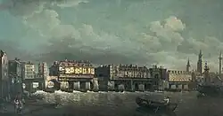 Samuel Scott, Le vieux pont de Londres, v. 1753, huile sur toile, 80 x 247 cm, Londres, Banque d'Angleterre, 0582