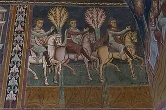 Fresques des Épisodes de la Vie du Pape Sylvestre (314-335). Scène 3 : Les messagers de Constantin, à cheval vers le Mont Soracte.