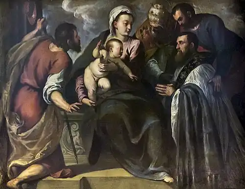 Saint Marc, Saint Sylvestre, Saint Jacques, et le curé da Ponte devant la Vierge