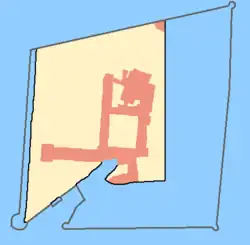 Carte montrant l'île agrandie sur un côté et un nouveau bâtiment.