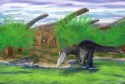 Illustration d'un Siamosaurus (à droite) avec un Sunosuchus (à gauche) et des Phuwiangosaurus (en arrière-plan).