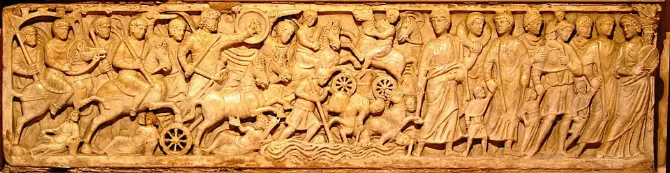 Sarcophage paléochrétien du passage de la mer Rouge, (fin du IVe&nbsp;siècle) - Saint-Trophime, chapelle Saint-Genès, Arles.