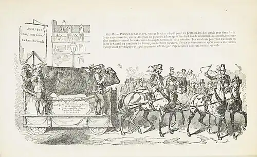 Le premier Bœuf Gras Sarlabot sur son char de Carnaval au défilé des Bœufs Gras 1857 à Paris.