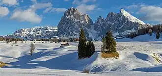 Le groupe du Sassolungo, à environ de 6&nbsp;km, depuis l'Alpe de Siusi.