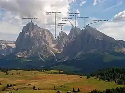 Le groupe du Sassolungo vu de l'Alpe di Siusi avec indication des principaux sommets.