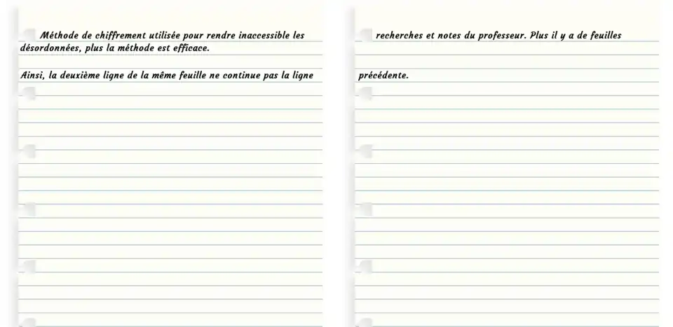 Deux feuilles de papier où un texte est chiffré via la méthode décrite.