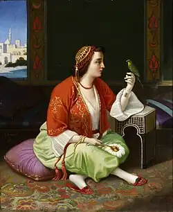 Scène orientaliste ou Jeune ottomane et son perroquet, 1860.