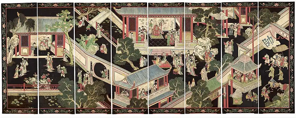 Paravent en laque de Coromandel composé de huit panneaux et représentant les festivités en l'honneur du général Guo Ziyi