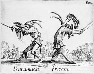 deux caricatures en noir et blanc dos à dos, brandissant leur bâton, chapeau extravagant et habit excentrique