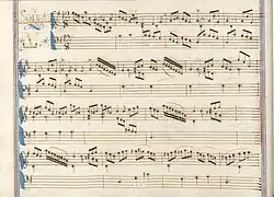 partition manuscrite rehaussée de couleurs passées, cadre bleu à droite et à gauche