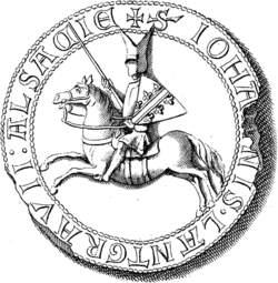 Dessin d'un homme à cheval avec un heaume et un bouclier, le tout entouré d'une inscription en latin : Lantgravii Alsatie S Iohannis