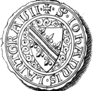 Dessin d'un bouclier entouré d'une inscription en latin : Lantgravii S Iohannis