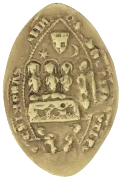 Sceau d'Étienne de Montaigu représentant les Saintes femmes et l'Ange au tombeau. Au-dessus, un écu échiqueté à la fasce brochante, accosté du soleil et de la lune (1303).