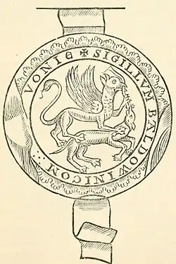 Dessin d'un sceau rond montrant un griffon combattant un autre animal