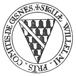 Dessin d'un cercle avec une légende. Au centre un écu où une bande blanche recouvre partiellement un fond composé de cloches noires