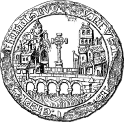 Pont de Saône stylisé sur le sceau de la ville de Lyon de 1271, avec la croix d'origine.